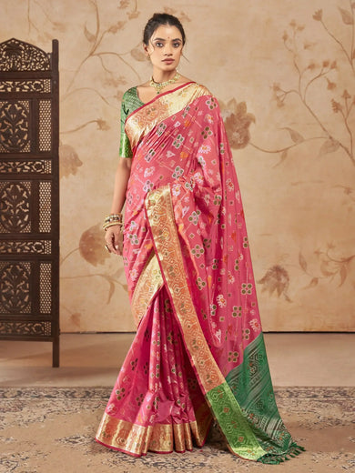 Fabulous Coral Red Zari Weaving Patola Silk Traditional Saree With Blouse